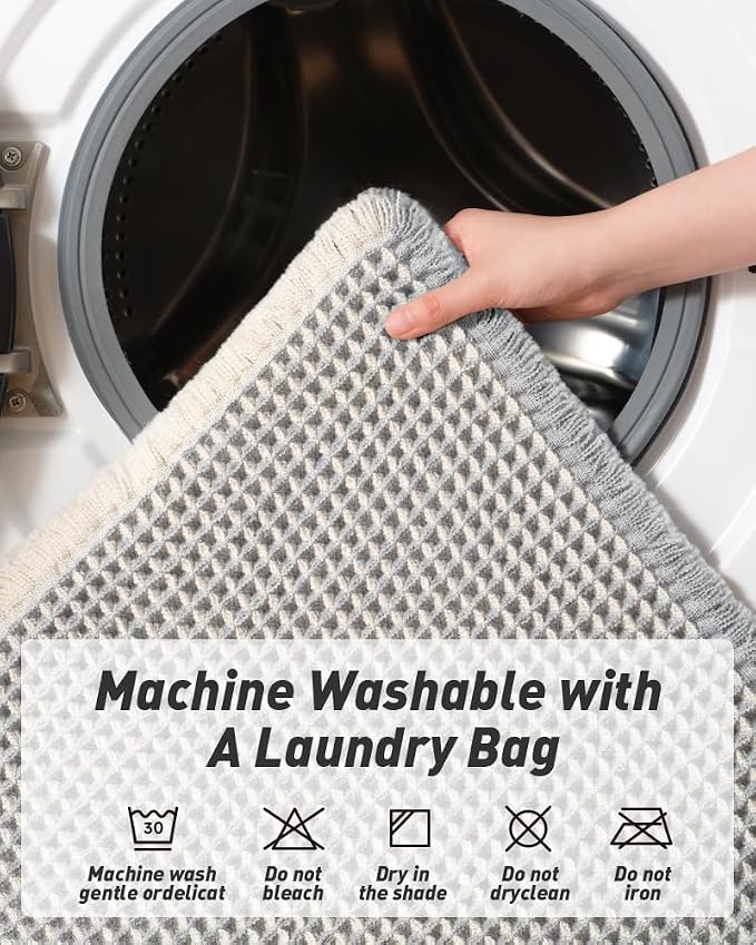 AMOAMI Upgraded Waffle Runner Rug Super Absorbent Non Slip Bath Mats for Bathroom Machine Washable Bathroom Runner Rug with Tassels, Ideal for Hallway Bedroom Laundry Room, 2' x 5', LightGrey & Cream