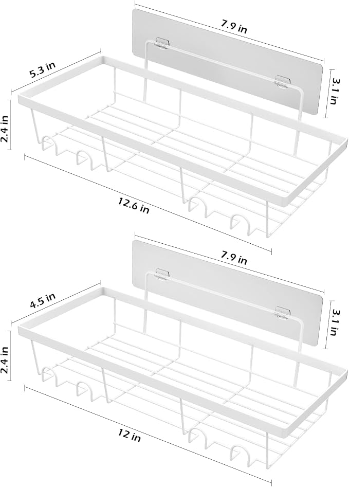 Durmmur 2 Pack Adhesive White Shower Caddy Organizer with Hooks, Rustproof No Drilling Wall Mounted Storage Shelf Rack for Inside Shower/Bathroom/Kitchen