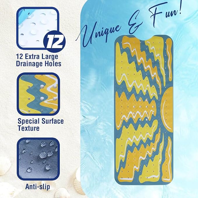 Sun Bathtub Mat Non Slip for Kids 40x16in Extra Long Anti Slip Bath Mat for Tub Abstract Art Bath Shower Mat with Large Drain Holes and Suction Cups Boho Sun Design Modern Minimalism Bathroom Decor