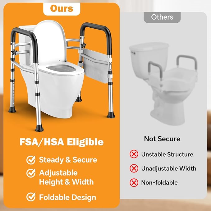 Toilet Safety Rails for Seniors, Adjustable Height & Width Toilet Safety Frame with Handles (350LB Capacity), Elderly Assistance Products for Handicapped, Foldable Toilet Bars Fits Any Toilet