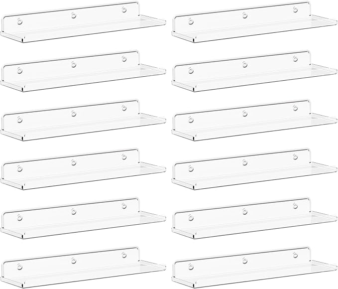 Lifewit Floating Shelves for Wall, Acrylic Display Shelf Wall Mounted for Figure, Car, Art, Book, 14" Perfume Organizer for Bathroom, Bedroom, Living Room, Nursery, Home Decor, Clear, 12 Pack