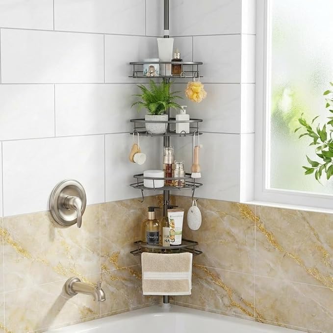 DUFU Corner Shower Caddy Tension Pole, Tension Rod Organizer, 4-Tier Adjustable Floor to Ceiling Shower Caddy 33-127inch, No Drilling Shower Shelf for Inside Shower (Gray)