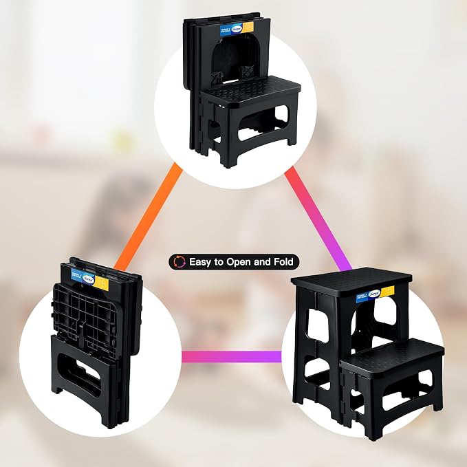Korpai Folding 2 Step Stools,8" & 17" Dual Heights,Folding Step Hold up to 250 lbs,Step Stools for Adults and Kids,Step Stool for Dorm Bed,Kitchen Bedroom Office,Truck ect,Black