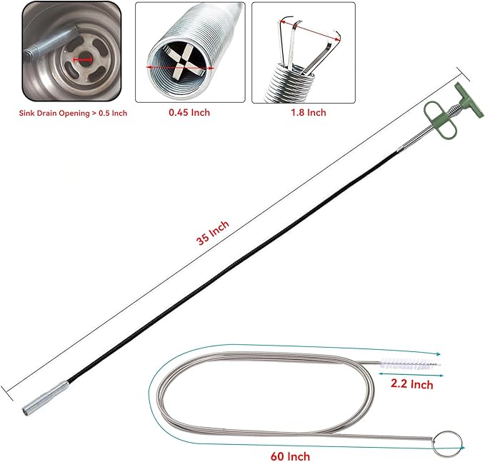 Upgrade 33 Inch Drain Snake Clog Remover with Stronger Claw, Flexible Grabber Tool with Bonus 60 Inch Drain Brush