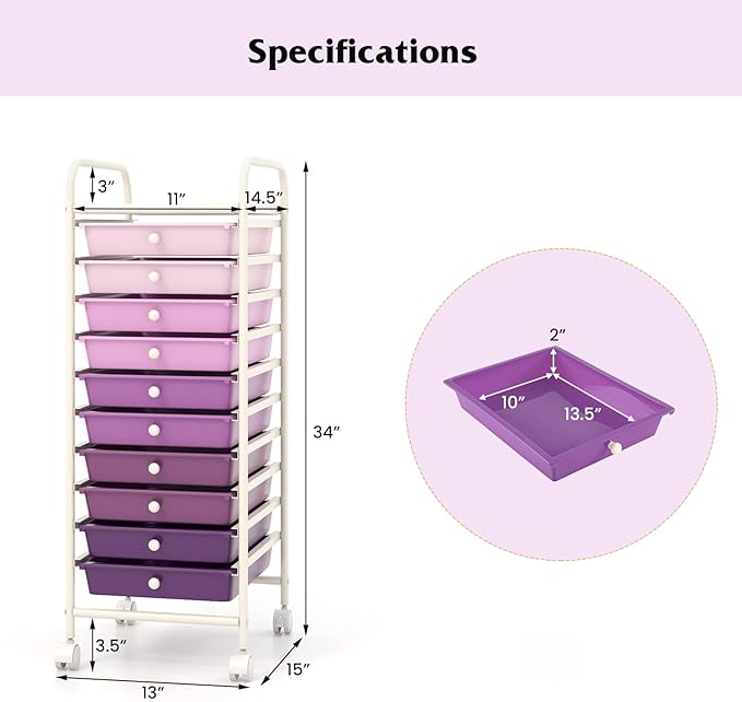10-Drawer Rolling Storage Cart, Trolley w/Lockable 360° Wheels, 10 Removable PP Drawers, Sturdy Metal Frame, Rolling Utility Cart Perfect for Home, Office, Classroom (Gradient Purple)
