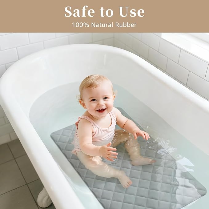 Yolife Bathtub Shower Mat Non Slip, Natural Rubber Bath Tub Floor Liner Mats with Strong Suction Cups for Inside Shower Bathroom, Machine Washable, Soft on Feet, 27.5 x 17 Inch, Grey