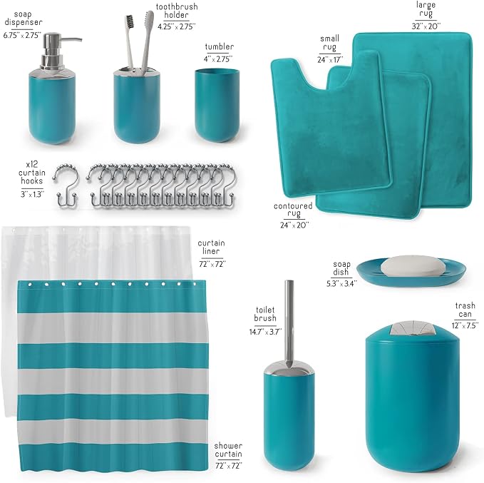 Clara Clark Bathroom Set - Teal Bathroom Accessories Set, Bathroom Sets with Shower Curtain and Rugs, 23PC Shower Curtain Set with Liner, Soap Dispenser, Soap Dish, Toilet Brush Holder, and Trash Can