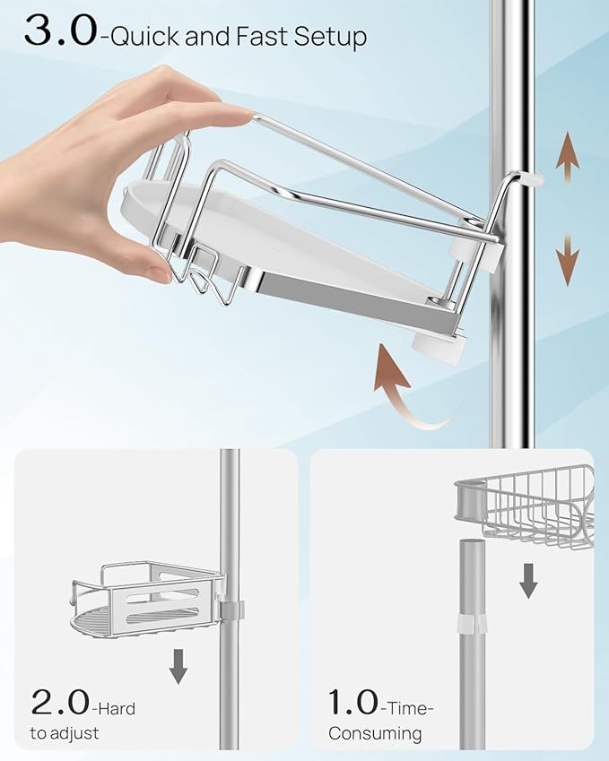 ALLZONE Corner Shower Caddy Tension Pole, 4 Hang-On Basket with Mixed-Height Shelves for Various Bottle Sizes, Extra Hooks & Soap Holder, Rustproof Stainless Steel, Fits 34–116 Inch, Silver/White