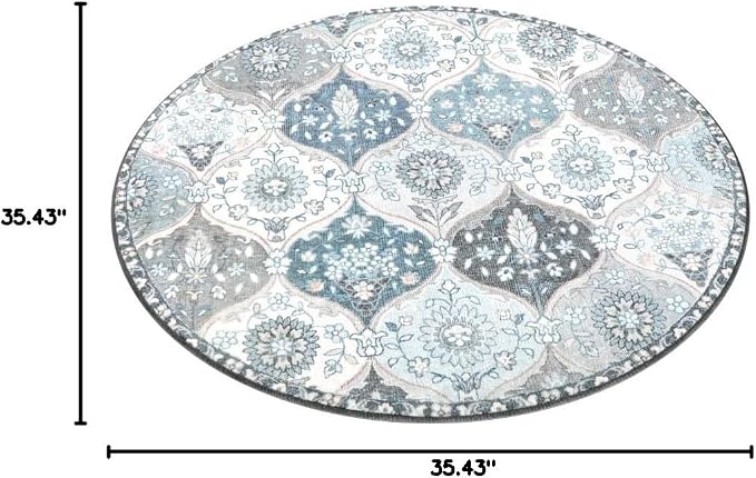 Lahome Moroccan Washable Round Rug, Soft Vintage Small Round Rug 3ft Non-Slip, Ultra-Thin Distress Circle Carpet for Entryway Bathroom Bedroom Kitchen Elise, Blue