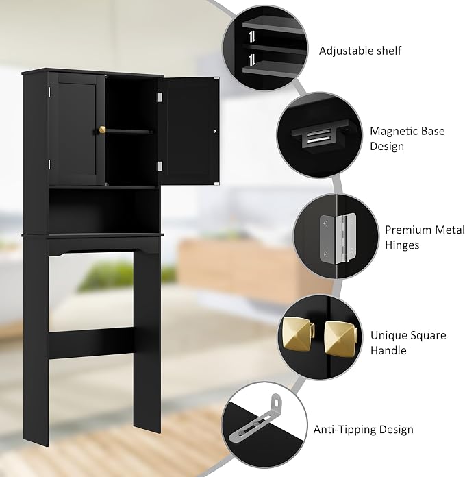 RRX Bathroom Over The Toilet Storage Cabinet, Above Toilet Cabinets Organizer, 24.8" L x 9.1 "W x 65.7 "H Free Standing Toilet Rack with Adjustable Shelf and Open Storage(Black)
