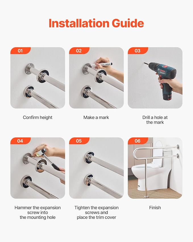 VEVOR Toilet Safety Rail, 31.5 Inch U-Shaped Handicap Grab Bar, 304 Stainless Steel Senior Safety Pole, Toilet Grab Bars with Anti-Slip Handle, 300 Lbs Load Capacity Security Handrail with Support Leg