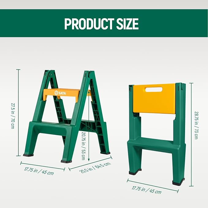 SATA 2 Step Ladder, 440 lbs Heavy Duty Plastic Step Stool, Wide Anti-Slip Pedals with Cushioned Mat, Outdoor Step Stool Foldable for Home, Garage