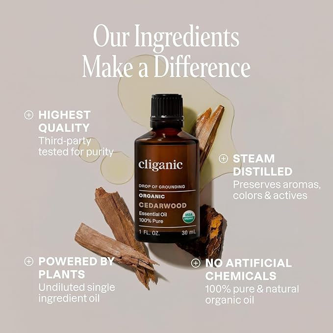 Cliganic Organic Cedarwood Essential Oil - 100% Pure Natural Undiluted, for Aromatherapy Diffuser | Non-GMO Verified