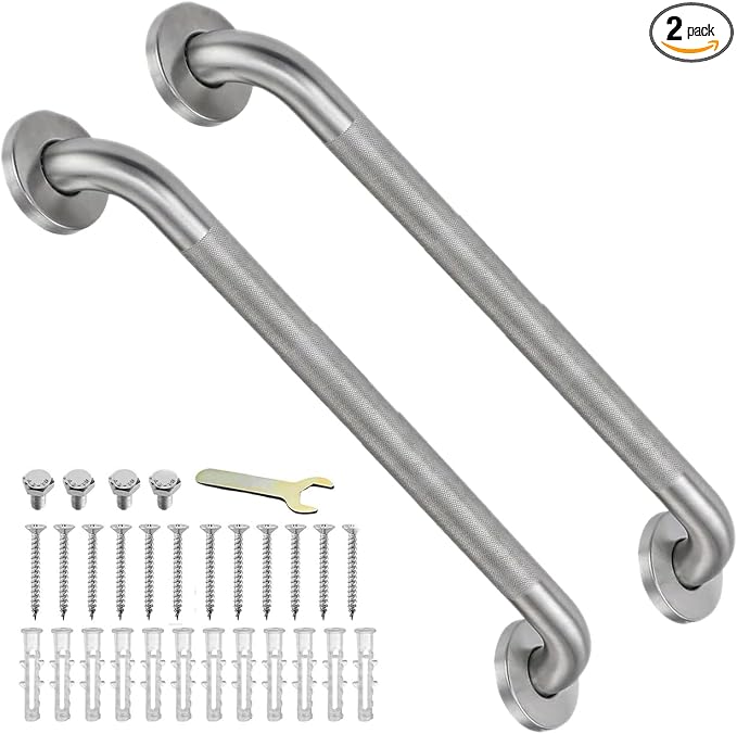 24 Inch Shower Grab Bar for Seniors 2 Pack,1.25'' Diameter 304 Stainless Steel Heavy Duty Anti-Slip Bathroom Safety Handicap Grab Bar for Shower, Bathtub & Toilet, Wall Mounted, Supports 500lbs