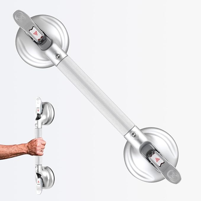 17-Inch Shower Handle - Upgraded Grab Bar with Strong Suction Cups for Bathtub & Shower Safety, Ideal for Seniors, Elderly, Disabled -Silver