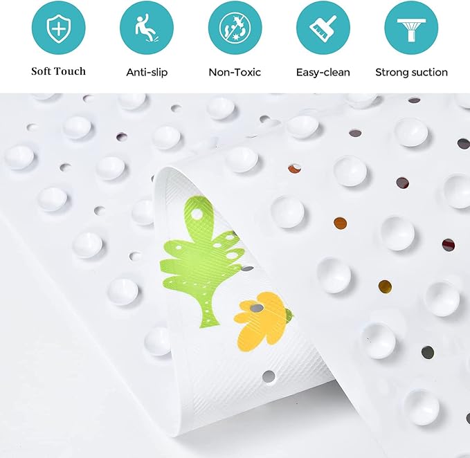Bath Mat for Tub for Kids Dinosaur Non Slip Bathtub Mat for Baby Toddler 40X16 Inch Long Anti Skid Bathroom Shower Mat with Suction Cups & Drain Holes