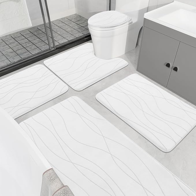 YIHOUSE Memory Foam Bathroom Rug Sets, White, 5 Piece | Ultra Soft, Absorbent, Non-Slip, Machine Washable