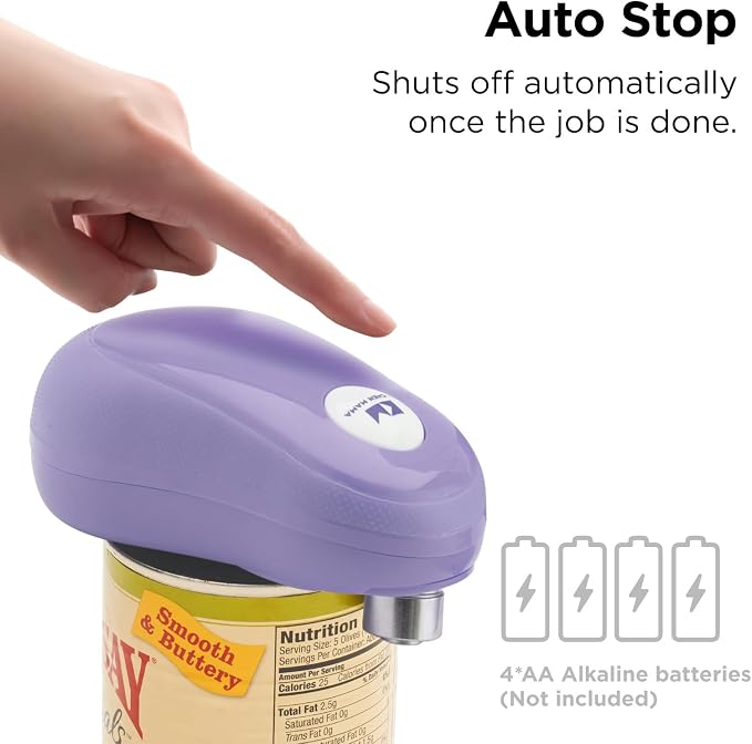 Kitchen Mama One Touch Electric Can Opener: Open with Simple Press of A Button - Auto Stop As Task Completes, Ergonomic, Smooth Edge, Food-Safe, Battery Operated (Purple)