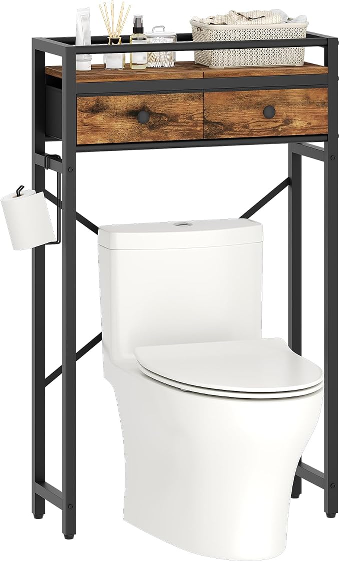 MAHANCRIS Over Toilet Storage, 2-Tier Bathroom Organizer Shelf with 2 Fabric Drawers and Toilet Paper Holder, Freestanding Above Toilet Rack for Small Spaces, Space-Saving, Rustic Brown TSHR1101