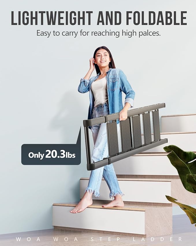 WOA WOA 5 Step Ladder, Ladders for Home, Anti-Slip Pedals, Step Stool Foldable, Lightweight to Move, Ease of Storage, Reach 10ft for Closet Kitchen Library, Hold 300lbs - Black