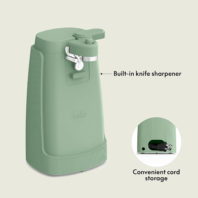 bella Electric Can Opener and Knife Sharpener, Removable Cutting Lever, Cord Storage, Stainless Steel Blade, Seaglass