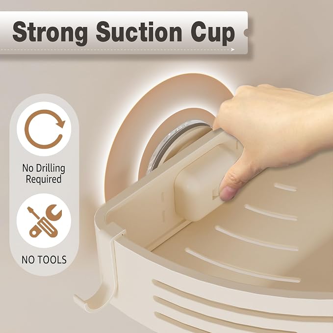 Conworld Corner Shower Caddy Suction Cups, Corner Shower Shelf, Shower Organizer Suction for Bathrooms Storage with Hooks, No-Drilling Removable (Aluminum, 2-Pack, Cream)