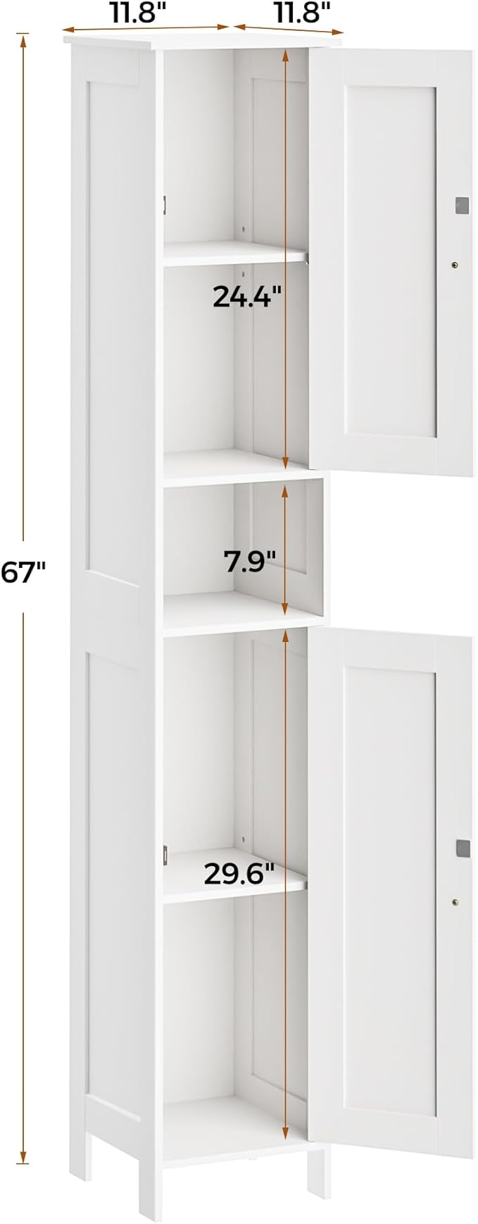 Homleke Tall Bathroom Storage Cabinet with 2 Doors, 67"H Narrow Storage Cabinet with Adjustable Shelves& Anti-Tip Design, Reversible Door Installation, Easy Assembly, 11.8 x 11.8 x 66.9 Inches, White