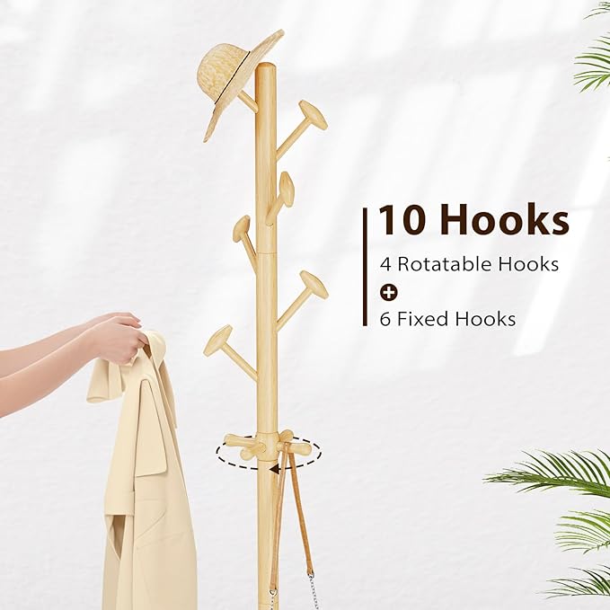 Taitiy Solid Wood Coat Rack Freestanding Coat Tree with 10 Hooks for Bedroom, Livingroom, Entryway, Sturdy Coat Hanger Stand for Hats, Coats, Scarves, Handbags, Purses