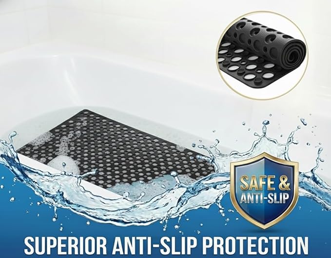 Nonslip Bathtub Mat Extra Soft TPE Bath Mat for Kids, Machine Washable Bathroom Shower Mat(Black, 30L x 17W Inch)
