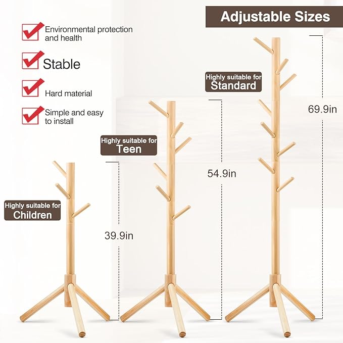 WANGMUXIA Coat Rack, Freestanding Coat Rack with 8 Hooks and 3 Adjustable Size Tree Coat Racks for Bedroom, Hallway, Entrance, Office, for Hats, Coats, Scarves, Handbags
