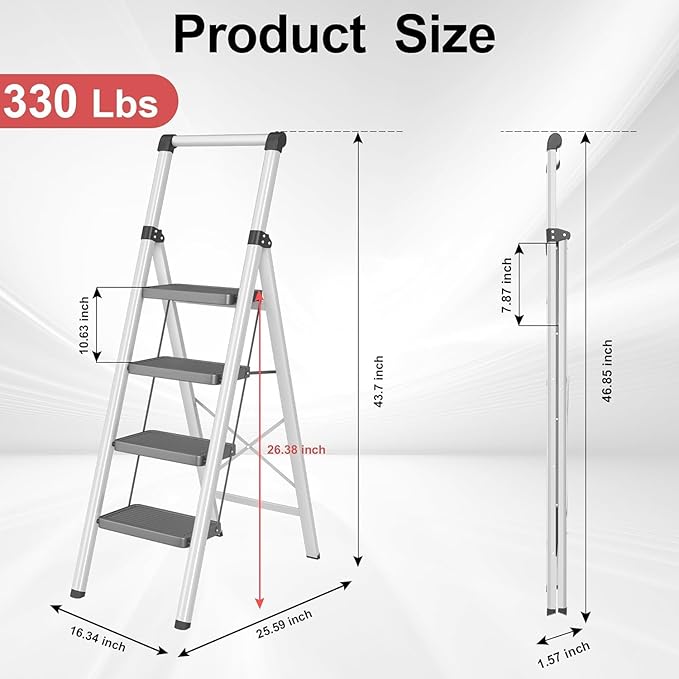 DIAMONDFORGE 4 Step Ladder, Folding Step Stool with Wide Anti-Slip Pedal, Soft Grip Handle & Non-Slip Feet, Sturdy Steel Ladder with 600 lbs Capacity for Home, Kitchen & Office, Black Grey