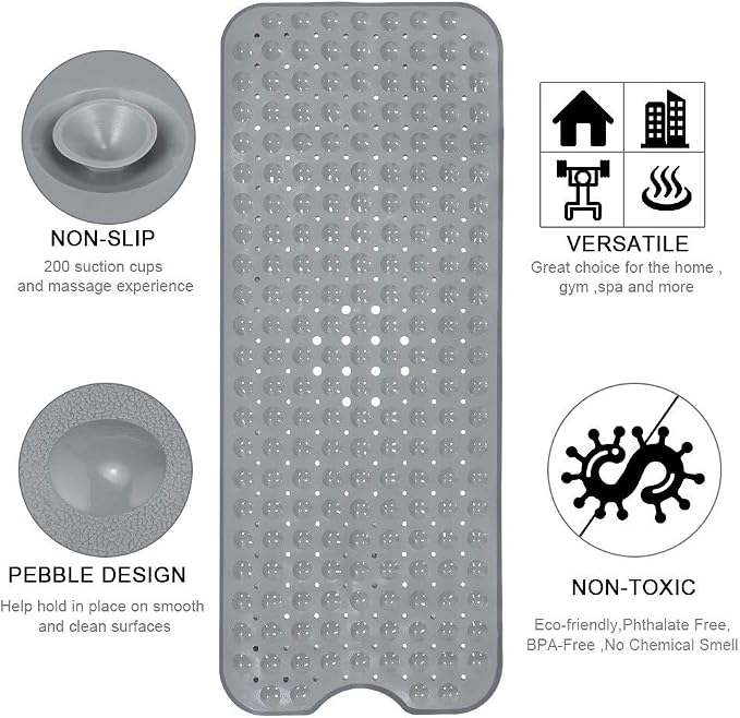 YINENN Bath and Shower Safety Mats 40x16 inch, Non Slip with Suction Cups for Bathroom Stall and Tub Floor, Extra Large and Machine Washable, Drain Holes Keep Bathtub Clean, Grey