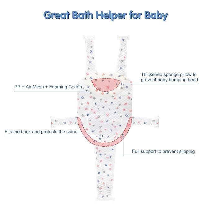 Colorlife Baby Bath Seat Support Net Infant Bathing Seat Support Mat, Adjustable Comfortable Non-Slip Five-Pointed Baby Shower Net Bathtub Sit Up Mesh for Newborn 0-12 Months-White(No Bathtub)