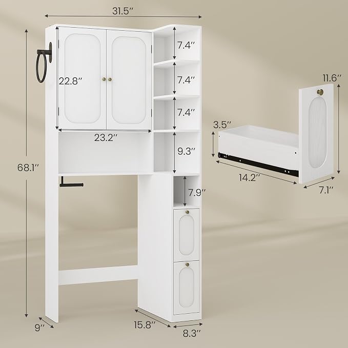 7-Tier L-Shaped Over the Toilet Storage Cabinet with Doors, 2 Large Drawers, Tissue Holder & Towel Holder, Bathroom Over Toilet Storage Cabinet with Adjustable Shelf for Bathroom, White