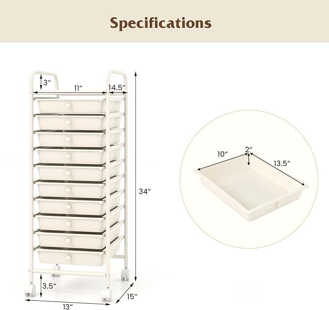 10-Drawer Rolling Storage Cart, Trolley w/Lockable 360° Wheels, 10 Removable PP Drawers, Sturdy Metal Frame, Rolling Utility Cart Perfect for Home, Office, Classroom (Ivory)