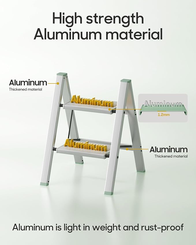HillhutApex 2 Step Ladder, Lightweight Portable 2 Step Stool with Anti-Slip Wide Pedal, 330lbs Capacity Aluminum Ladder for Household,Office,Library(Pale Green)