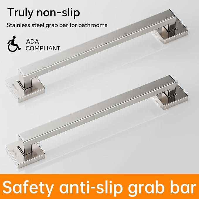 Joyrain ADA Square Grab Bar 16/24/32 Inch - 500lb Capacity Safety Rail for Elderly, Non-Slip Bathroom Handle (Brushed Stainless Teel, 12 inch)