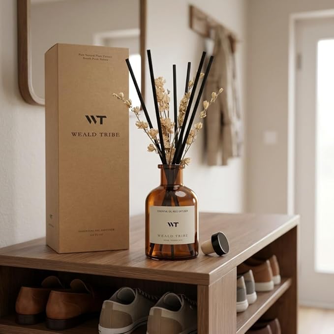 WEALD TRIBE Reed Diffuser Set for Bathroom Shelf Decor, Sticks Diffuser with Essential Oils Included | Early Summer Gardenia Scent 4.0 fl oz Fragrance Oil | Defusers for Home Apartment Essentials