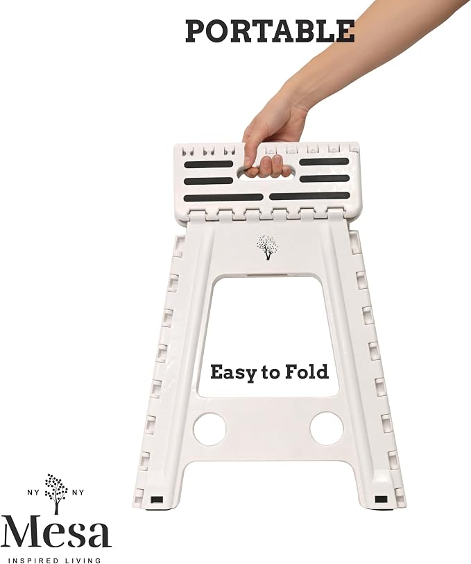 Inspired Living 18" Step Stool, Folding Step Stools for Adults, Plastic Foldable Step Stools Kids, Holds Up to 330 lbs, Collapsible Folding Stool for Kitchen, Bathroom, Bedroom (White Black, 18" High)