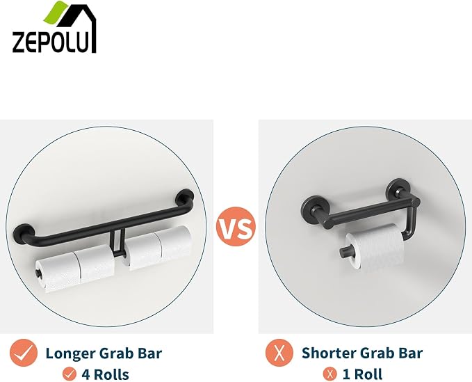 24 inch Black Grab Bar w/Double Roll Toilet Paper Holder, Zepolu 2-in-1 Safety Assist Bar Balanced Support Handle, Stainless Steel Wall Mounted Bathroom Toilet Grab Bar for Senior Elderly Handicap