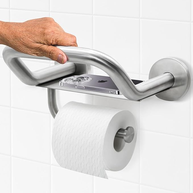 Grab Bar Toilet Paper Holder, 3-in-1 Bathroom Grab Bar with Toilet Holder and Phone Shelf, 304 Stainless Steel Safety Toilet Paper Grab Bar, Wall Mount Toilet Paper Holder for Seniors