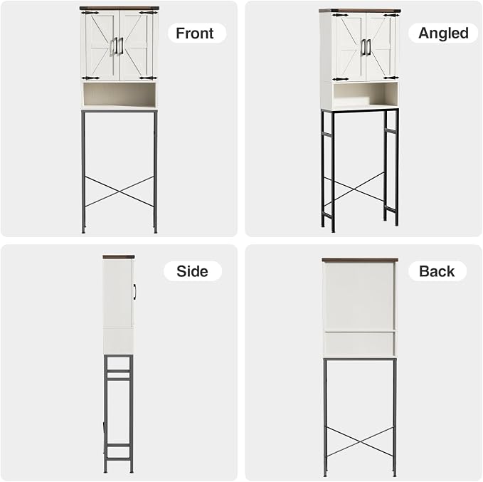 Over The Toilet Storage Cabinet with Farmhouse Doors and Adjustable Shelf, Tall Bathroom Organizer with Metal Stand Space Saver Over Toilet , Wood Rack for Bathroom, Restroom, Laundry, White