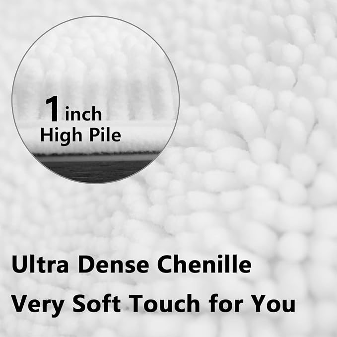 White Bathroom Rugs Chenille 3-Piece Extra Soft and Absorbent Shag White Bath Mat, Machine Wash Mat, Strong PVC Non-Slip Underside, Plush Carpet Mats