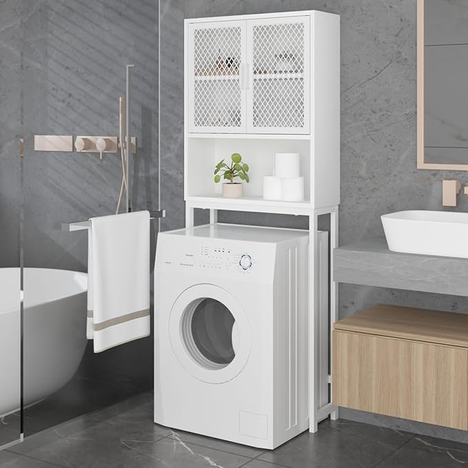 Launica Over the Toilet Storage Cabinet, Over Toilet Bathroom Organizer with Mesh Doors and Shelves, Freestanding Bathroom Storage Cabinet Above Toilet, Wood and Metal, White Oak