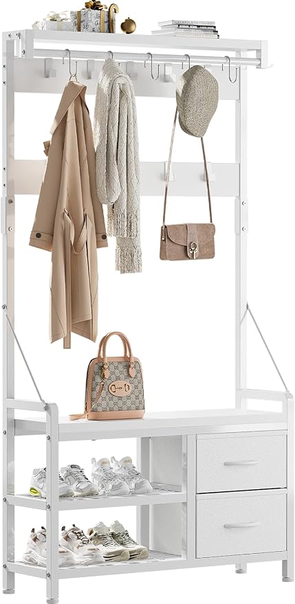 Lulive Hall Tree, 31.5” Entryway Bench with Coat Rack freestanding, 5 in 1 Intelligent Design Shoe Bench and Wall Rack 17 Hooks and Drawers (White)