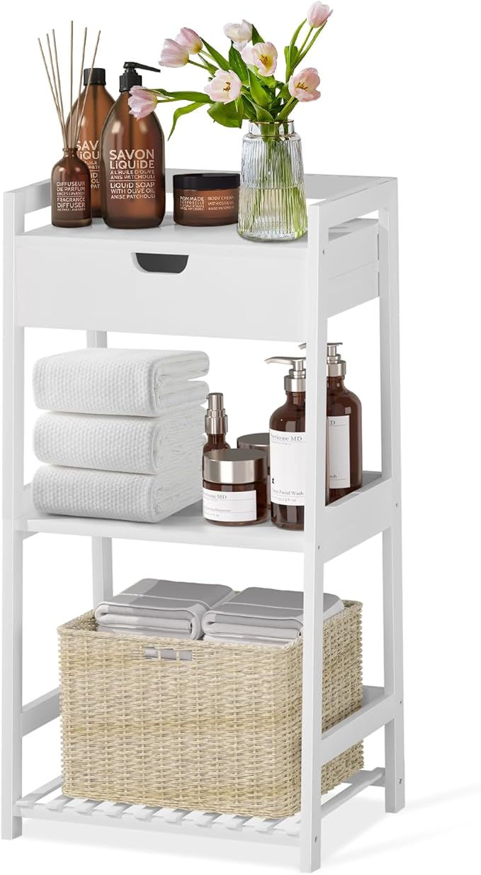 POXAKA 3 Tier Bamboo Bathroom Shelves with Drawer, Ladder Shelf for Bathroom Storage, Space-Saving Design, Stylish Display Nightstand, Stylish Storage Solution for Home, Living Room, Kitchen, Office