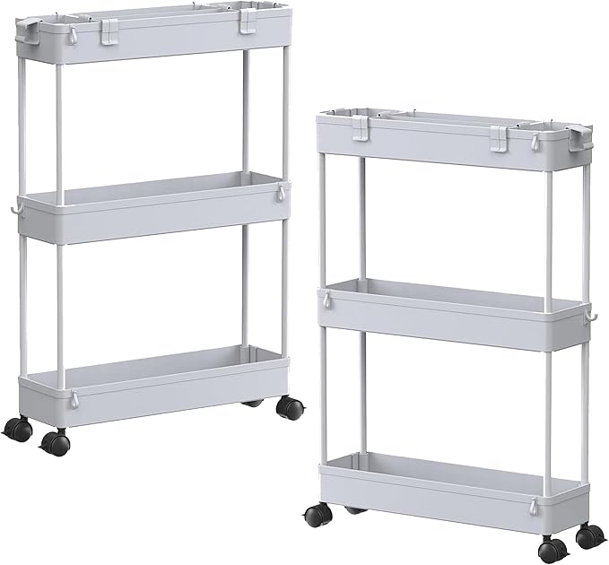 SPACELEAD 2-piece Set Slim Storage Cart 3 Tier,Bathroom Organizer Rolling Utility,Mobile Shelving Unit Slide Out for Office, Kitchen, Laundry Room & Narrow Places