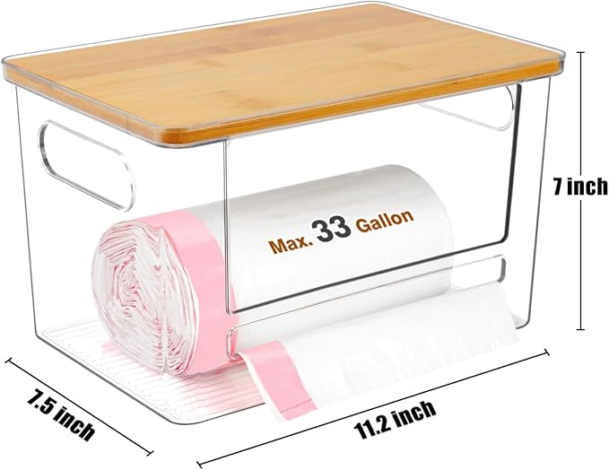 Trash Bag Dispenser 2 Pack - Under Sink Organizer, Plastic Bag Holder, Stackable Acrylic Garbage Bag Storage with Bamboo Lid for Kitchen Cabinet, 13/30/33 Gallon Grocery Bag Dispenser