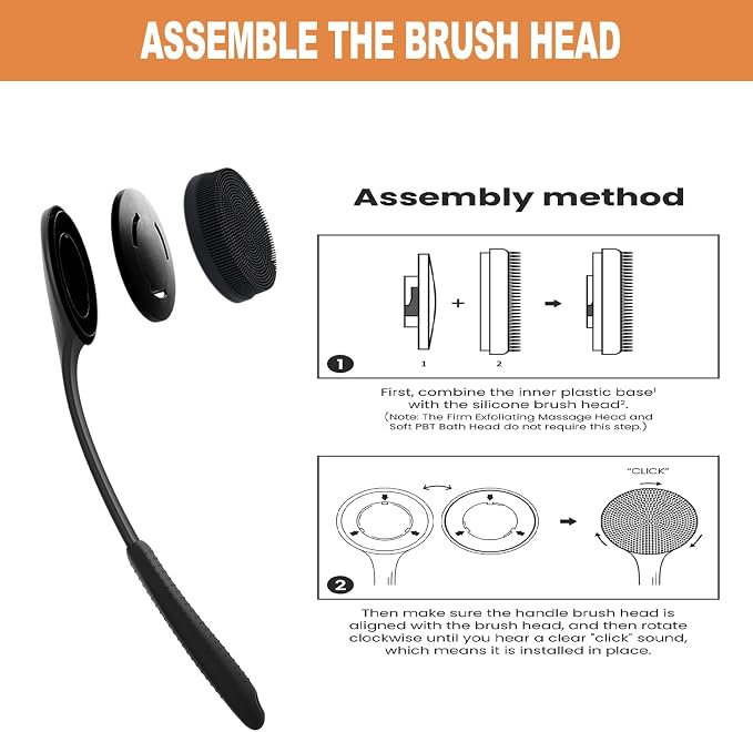 Long Handle Shower Back Scrubber,15.75 Inch Ergonomic Curved Brush with 3 Replaceable Heads with Soft and Firm Bristles,Silicone Handle for Easy Back Cleaning and Exfoliation,Bath Body Brush(Black)