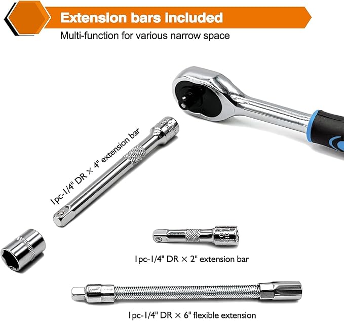Egofine 46 Pieces 1/4 inch Drive Socket Ratchet Wrench Set, with Bit Socket Set Metric and Extension Bar for Auto Repairing and Household, with Blue Storage Case